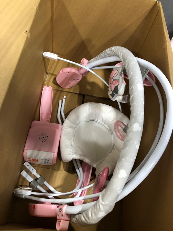 Photo 3 of Bright Starts Minnie Mouse Rosy Skies Baby Bouncer with Vibrating Infant Seat, Music & 3 Playtime Toys, 23x19x23 Inch (Pink)
