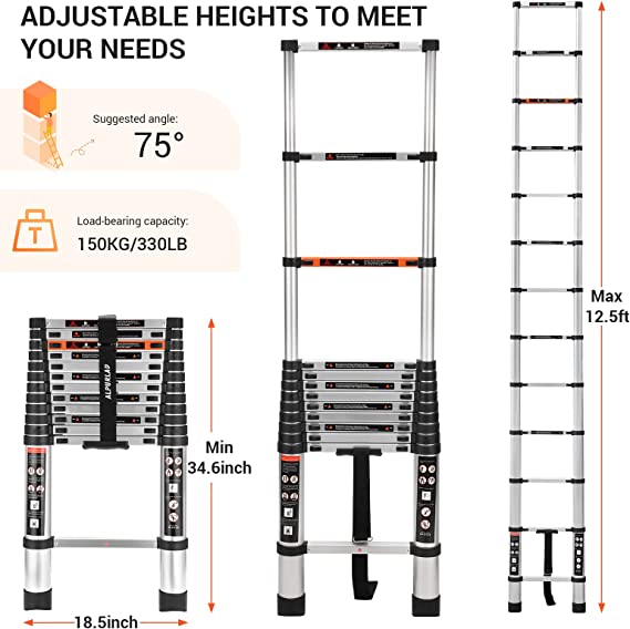 Photo 1 of ALPURLAD Telescoping Ladder 12.5FT Aluminum Extension Ladders Lightweight Collapsible Ladder Telescopic Ladders for RV, Loft, Attic, Home, 330lbs Capacity
