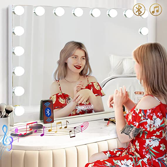 Photo 1 of Hansong Vanity Mirror with Lights and Bluetooth Extra Large Hollywood Makeup Mirror with 18 pcs LED Bulbs Lighted Vanity Makeup Mirror with USB Charging, 3 Color Lighting Modes Tabletop or Wall Mount
