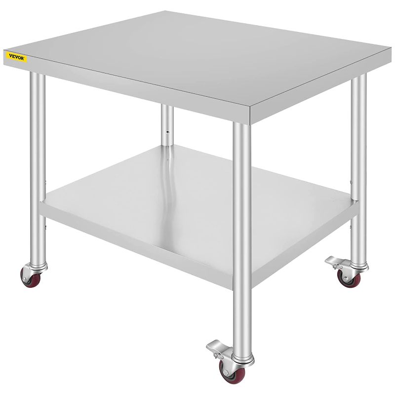 Photo 1 of  30x36x34 Inch Stainless Steel Work Table 3-Stage Adjustable Shelf with 4 Wheels Heavy Duty Commercial Food Prep Worktable with Brake for Kitchen Prep Work