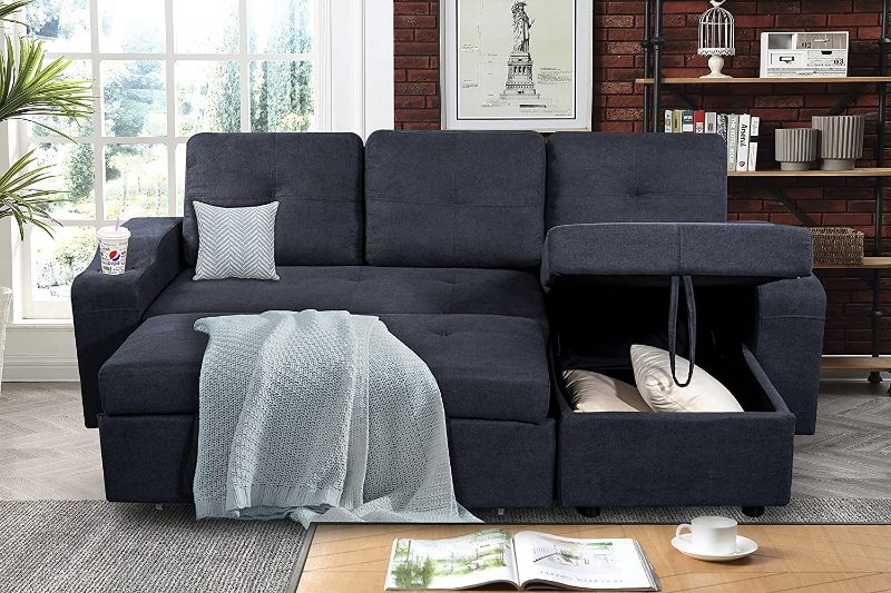 Photo 1 of *INCOMPLETE* GAOPAN Modern Polyester Sectional Sofa with Reversible Storage Chaise Lounge,Side Pocket, Cup Holders & Pillows, L-Shaped Corner Sofá W/Pull-Out Sleeper Couch Bed for Living Room Furniture Set, Grey
