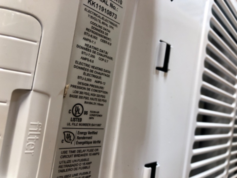 Photo 3 of * UNABLE TO TEST* Frigidaire FHWH082WA1 Window Air Conditioner, 8,000 BTU with Supplemental Heat for Year-Round use, Easy Install Slide Out Chassis, Easy-to-Clean Washable Filter, in White
