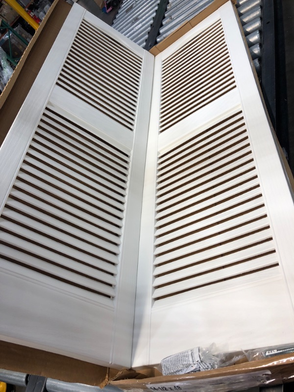 Photo 2 of 14-1/2 in. x 48 in. Lifetime Open Louvered Vinyl Standard Cathedral Top Center Mullion Shutters Pair in White
