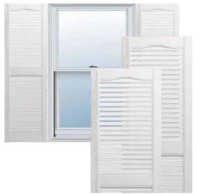 Photo 1 of 14-1/2 in. x 48 in. Lifetime Open Louvered Vinyl Standard Cathedral Top Center Mullion Shutters Pair in White
