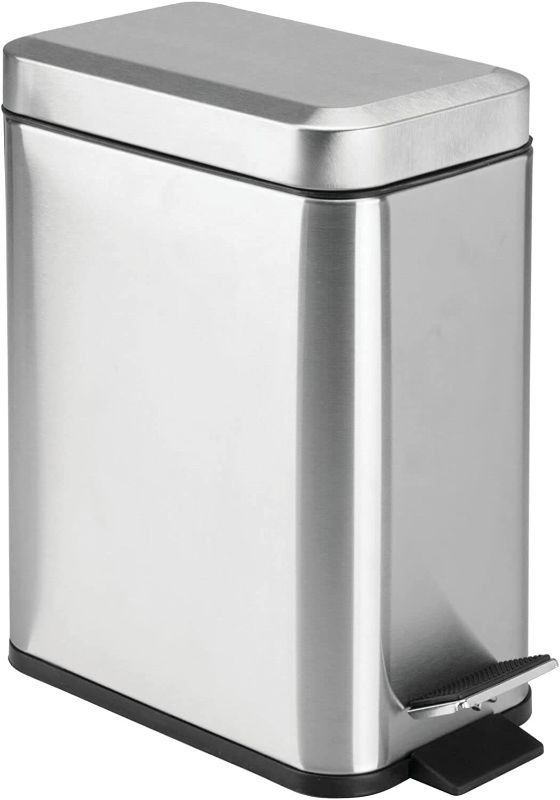 Photo 1 of ***DENTED** mDesign Small Modern 1.3 Gallon Rectangle Metal Lidded Step Trash Can, Compact Garbage Bin with Removable Liner Bucket and Handle for Bathroom, Kitchen, Craft Room, Office, Garage - Brushed
