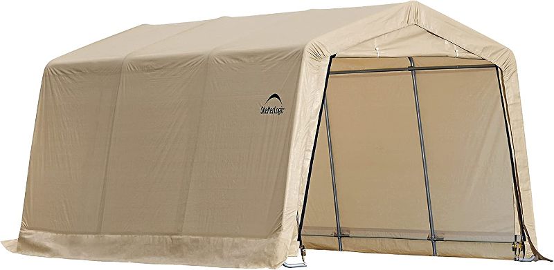 Photo 1 of **major damajor to tarp- please view photos**
ShelterLogic 10' x 15' x 8' All-Steel Metal Frame Peak Style Roof Instant Garage and AutoShelter with Waterproof and UV-Treated Ripstop Cover, Sandstone
