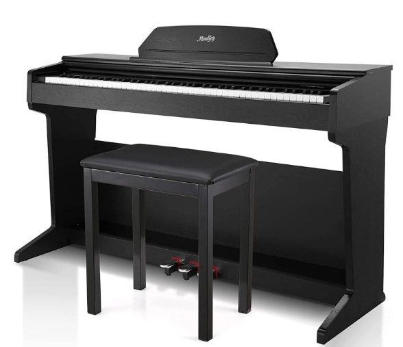 Photo 1 of **opened to verify parts**
Moukey MDP-450 88-Keys Upright Digital Piano for Beginners Semi-Weighted with Retractable Cover/Piano Stool/Triple Pedals/Power Adapter
