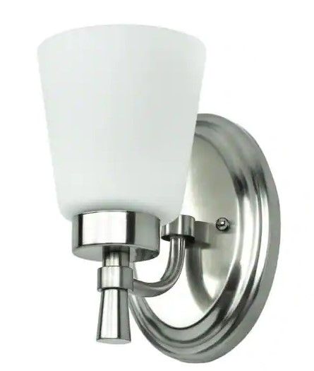 Photo 1 of 1-Light Brushed Nickle Wall Sconce with Frosted Opal Glass Shade
