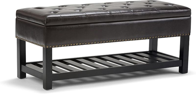 Photo 1 of ***INCOMPLETE*** SIMPLIHOME Lomond 43 inch Wide Rectangle Storage Ottoman Bench with Open Bottom and Lift Top in Tanners Brown Tufted Footrest Stool, Faux Leather for Living Room, Bedroom, Transitional

