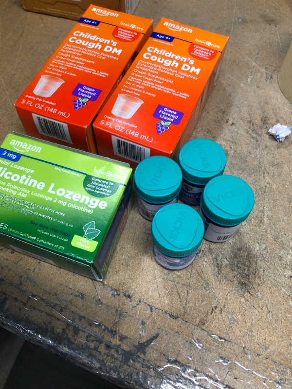 Photo 1 of **MEDICINE BUNDLE***
2 Amazon Basic Care Children's Cough Suppressant DM; Cough Medicine for Kids, 5 Fluid Ounces **BB9/22**
4 Pcs Vicks Vaporub 25 Ml 0.84 Fl Oz Vapour Rub Balm Cold, Cough, Congestion ***BB 10/23***
Amazon Basic Care Mini Nicotine Polacr