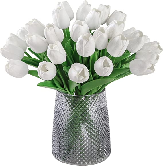 Photo 1 of 3   BINDUO 20 Pcs Artificial White Tulips Flowers Fake Tulips Faux Flowers Bouquet Real Touch Tulips Spring Summer Flowers for Mothers Day Gift Hotel Home Bedroom Kitchen Balcony Table Decor
