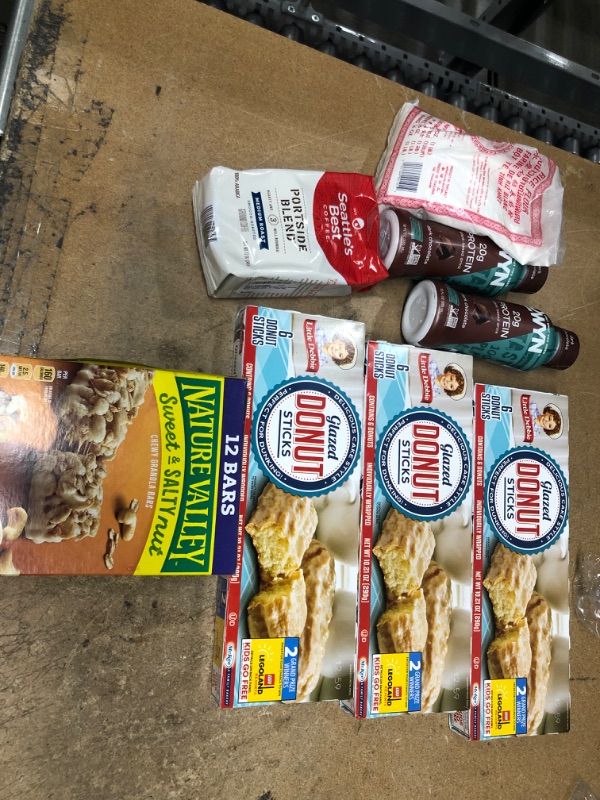 Photo 1 of *** NO REFUNDS *** NO RETURNS***
**FOOD BUNDLE**
NATURE VALLEY CASHEW BARS *** BB 6/20/22***
3 LITTLE DEBBIE GLAZED DONUT STICKS **BB6/17/22
SEATTLERS BEST COFFEE *** BB 7/27/22**
RICE FLOUR 1LB **BB 6/5/22**
2OWYN 20G PLANT PROTEIN SHAKE ***BB 9/30/22