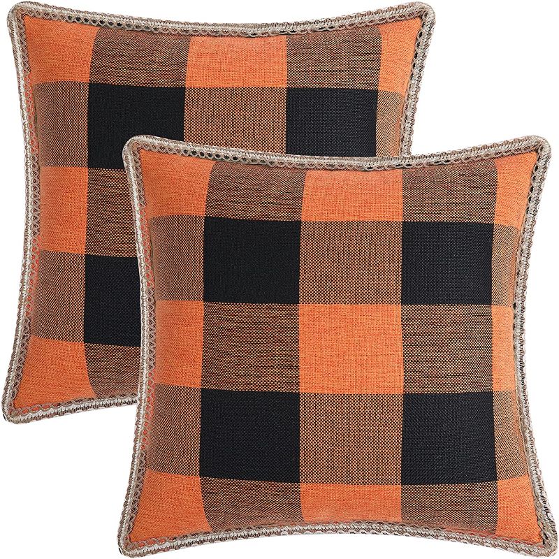 Photo 1 of 3 PACKS OF 2 Simmore Buffalo Check Plaid Pillow Covers 20x20 Inch, Farmhouse Decorative Linen Throw Pillow Cover for Sofa Couch, Black and Orange, Set of 2
