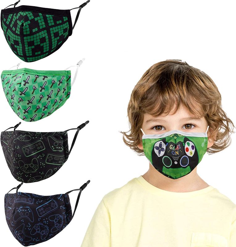 Photo 1 of 3 packs of 5 Reusable Cloth Face Masks, Breathable Washable Adjustable Funny Cute Designer Cotton Fabric Cover mascaras para niños Sports, 3D Green Game
