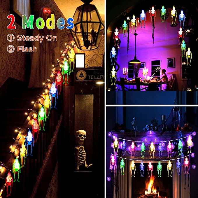 Photo 1 of 2  Halloween Lights with 20Pcs Skeleton, Battery Operated Halloween String Lights 20 LED 10ft Multicolor, 2 Modes (Flash/Steady On) Halloween Indoor Decor Fairy Light for Home Room Outdoor Decorations
