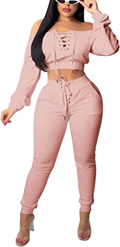 Photo 1 of Angsuttc Women 2 Piece Outfit Lace Up Off Shoulder Crop Top and Long Pants Set Tracksuit Size Med
