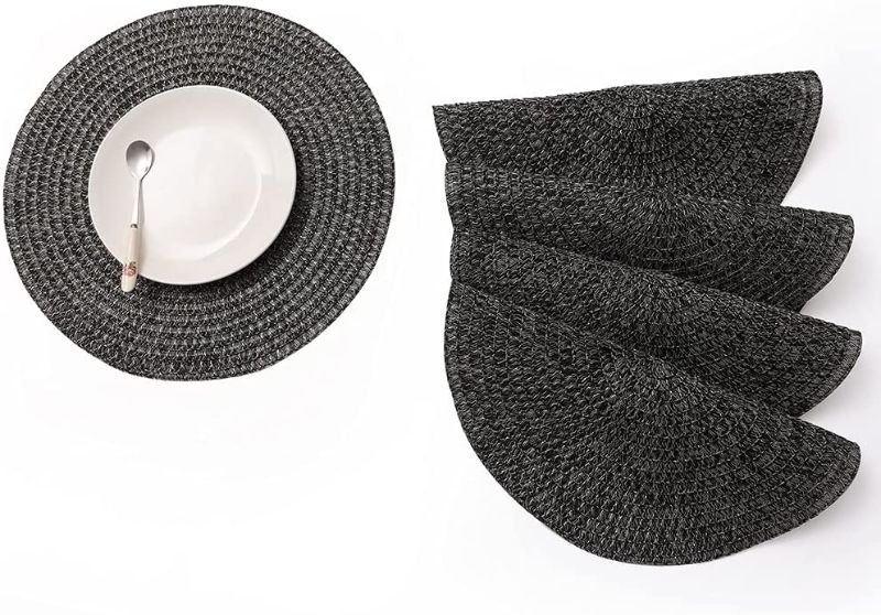 Photo 1 of 2 packs- Timeet Round Braided Placemats Set of 4 Heat-Resistant Washable Non-Slip Woven Vinyl Table Mats for Kitchen Table Mats (4Pcs,Black,Gold)