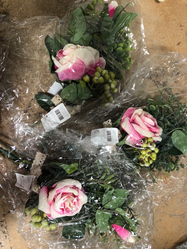 Photo 2 of 3- Pink Rose and Eucalyptus Flower Bouquet, Artificial Floral Arrangement (14 x 7 in)