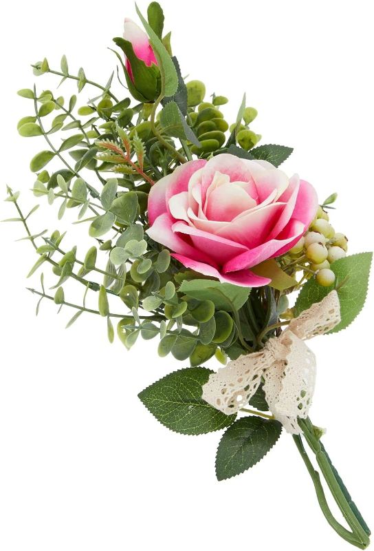 Photo 1 of 3- Pink Rose and Eucalyptus Flower Bouquet, Artificial Floral Arrangement (14 x 7 in)