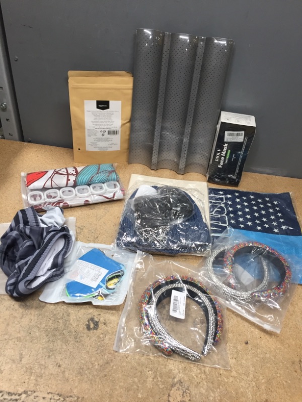 Photo 1 of *BUNDLE OF MIXED ITEMS-LED BEANIE HAT/BREAD BAKING KIT/HEADBANDS/SHOWER CURTAIN KIT/FACE MASK/RUBBERG FURNITURE PADS/MENS SEXY LOW RISE SWIM BRIEFS SIZE XXL*