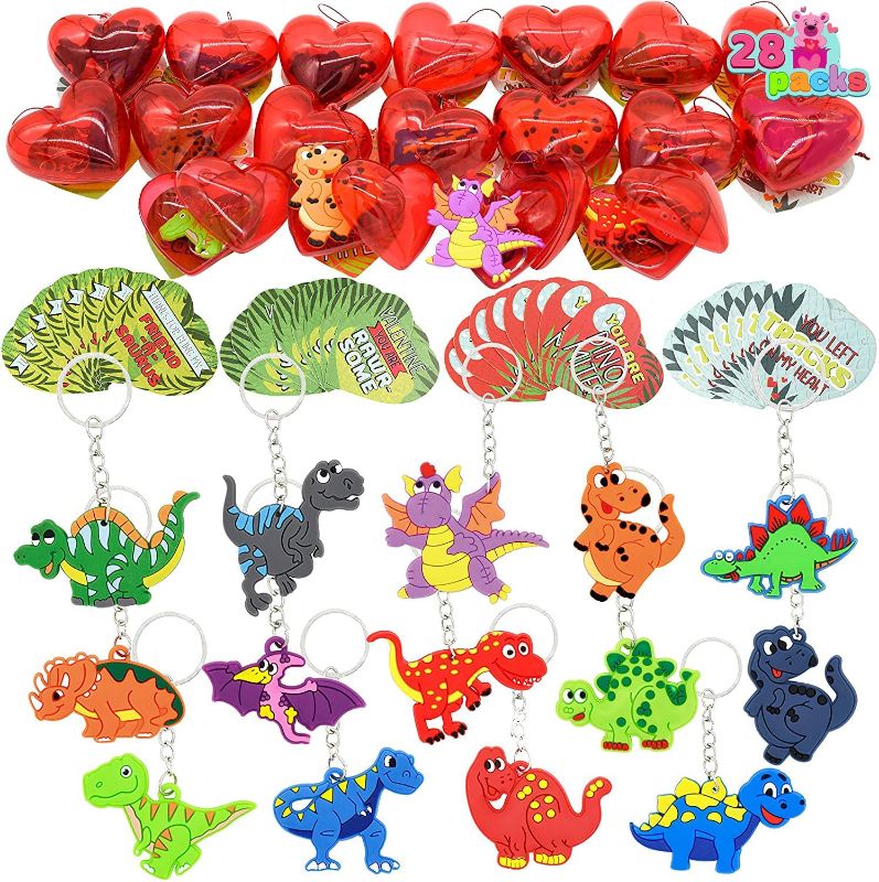 Photo 1 of 28 Packs Valentines Dinosaur Party Favors Dinosaur Keychains Filled Hearts and Valentine’s Day Cards for Kids Classroom Exchange, Dinosaur Party Favors for Kids Valentine Gift & Game Prizes