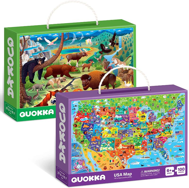 Photo 1 of 100 Pieces Floor Puzzles for Kids Ages 3-5 – 2 Jigsaw Toddler Puzzles 4-8 Years Old by Quokka – Games for Learning USA Map and National Park - Gift United States Toy to Boy and Girl Age 6-8-10