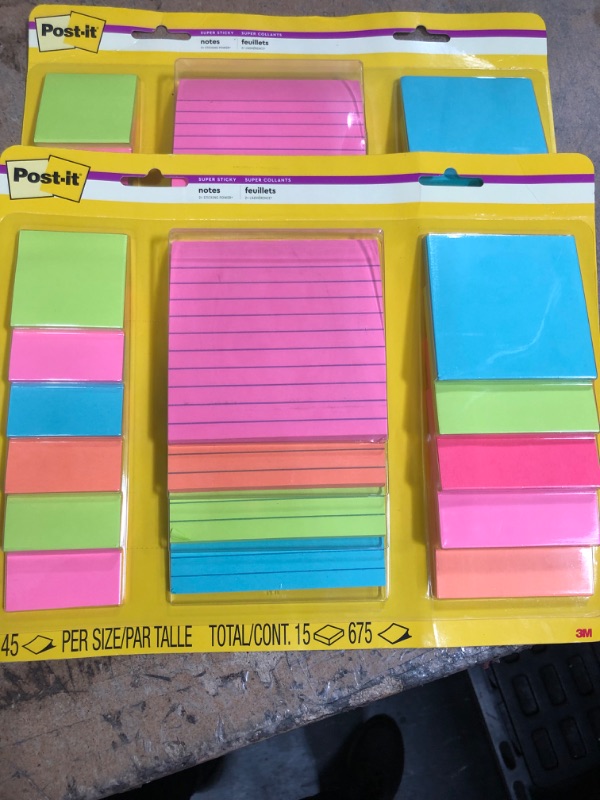 Photo 2 of 2- Post-it Super Sticky Notes, Assorted Sizes, 15 Pads, 2x the Sticking Power, Miami Collection, Neon Colors (Orange, Pink, Blue, Green), Recyclable (4423-15SSMIA)