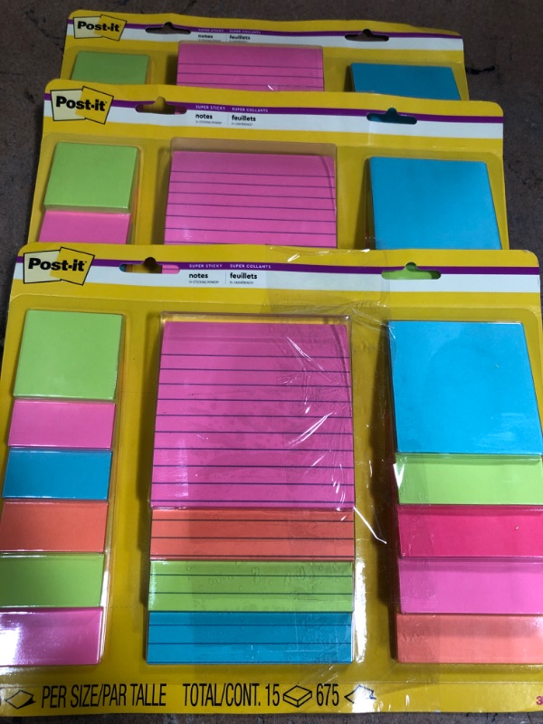 Photo 2 of 3- Post-it Super Sticky Notes, Assorted Sizes, 15 Pads, 2x the Sticking Power, Miami Collection, Neon Colors (Orange, Pink, Blue, Green), Recyclable (4423-15SSMIA)