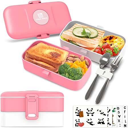 Photo 1 of Bento Lunch Box For Kids 1.2L Leakproof Japanese Bento Boxes with Fork and Spoon, Cartoon Stickers, 2 in 1 Compartment Food Container Boxes for School Boys Girls, Microwave Dishwasher Safe, Red 2 pack 
