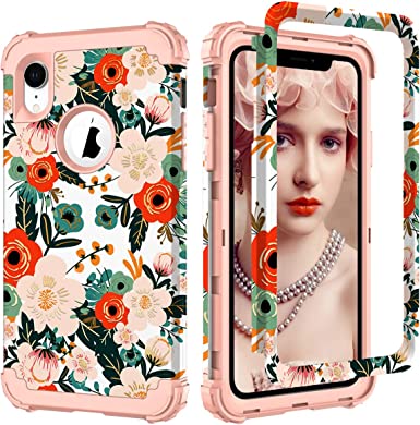 Photo 1 of PIXIU Compatible with iPhone Xr Cases Marble, Hybrid Dual Layer [Hard PC+ Soft Silicone] Heavy Duty Full Body Shockproof Protective Phone case for iPhone Xr 6.1 inch 2018 Released (Flower) 2 pack 
