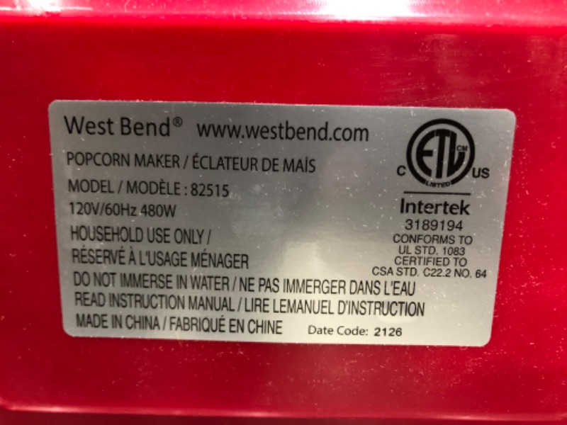 Photo 5 of (Used) West Bend Hot Oil Theater Style Popcorn Popper Machine with Nonstick Kettle Includes Measuring Tool and Serving Scoop, 4-Ounce, Red
