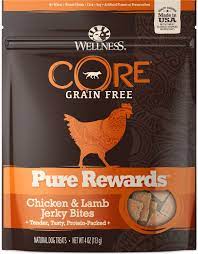 Photo 1 of Wellness CORE Power Packed (Previously Pure Rewards) Natural Grain Free Jerky Bites Dog Treats, Chicken & Lamb Recipe, 4-Ounce Bag 3 pack best used by 31 july22
