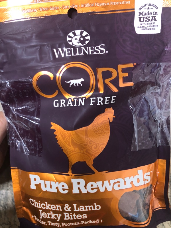 Photo 1 of Wellness CORE Power Packed (Previously Pure Rewards) Natural Grain Free Jerky Bites Dog Treats, Chicken & Lamb Recipe, 4-Ounce Bag 3 pack best used by 31 july22
