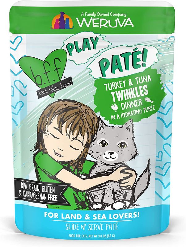 Photo 1 of (BB JAN /23) B.F.F. Play - Best Feline Friend Paté Lovers, Aw Yeah!, Turkey & Tuna Twinkles with Turkey & Tuna, 3oz Pouch (Pack of 12)
