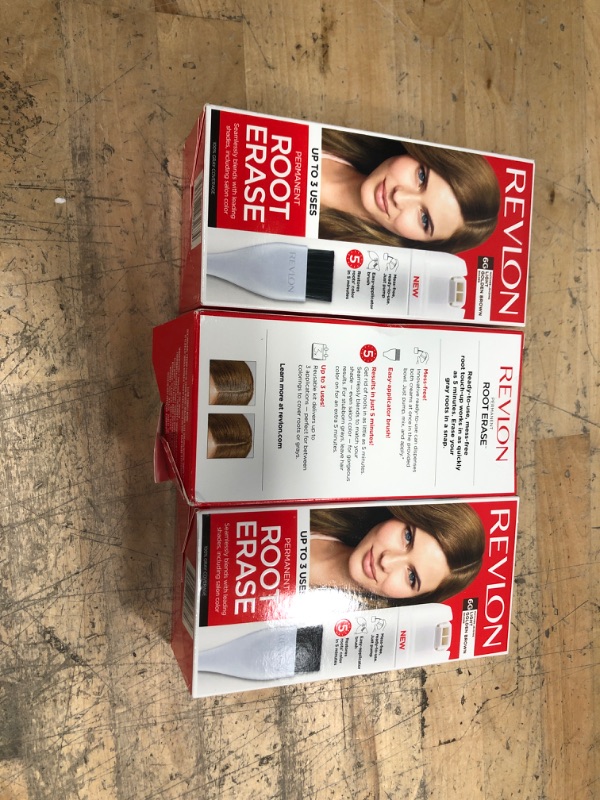 Photo 2 of ** EXP: 04/2022 **      ** NON-REFUNDABLE **      ** SOLD AS IS **     * * SETS OF 3 **
Permanent Hair Color by Revlon, Permanent Hair Dye, At-Home Root Erase with Applicator Brush for Multiple Use, 100% Gray Coverage, Medium Auburn/Reddish Brown (5R), 3.