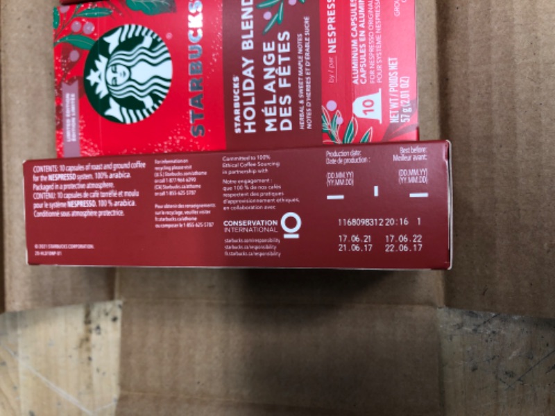 Photo 3 of ** EXP: 17/06/22 **   *** NON-REFUNDABLE **   ** SOLD AS IS **
Starbucks by Nespresso Holiday Blend Espresso (50-count single serve capsules, compatible with Nespresso Original Line System)
