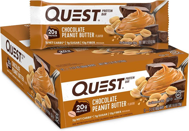 Photo 1 of ***NON-REFUNDABLE**
BEST BY 3/23/23
Quest Nutrition Chocolate Peanut Butter Bars, High Protein, Low Carb, Gluten Free, Keto Friendly, Chocolate Peanut Butter - 12 Count
