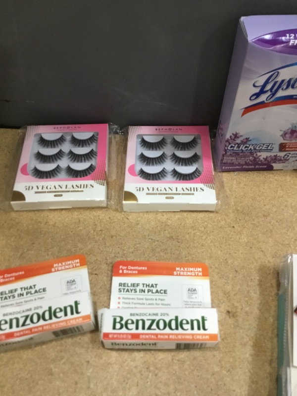 Photo 2 of ***NON-REFUNDABLE***
HEALTH AND BEAUTY 
2 BOXES OF EYELASHES, 2 BOXES OF BENZODENT, 22'' INCH HAIR EXTENTION,EAR PLUGS, LYSOL, CLICK GEL CLEANER,  SKIN TAG REMOVAL KIT, JOHNSON'S 2-IN-1 SHAMPOO, JERGEN'S LOTION