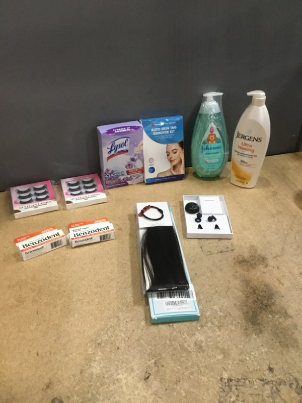Photo 1 of ***NON-REFUNDABLE***
HEALTH AND BEAUTY 
2 BOXES OF EYELASHES, 2 BOXES OF BENZODENT, 22'' INCH HAIR EXTENTION,EAR PLUGS, LYSOL, CLICK GEL CLEANER,  SKIN TAG REMOVAL KIT, JOHNSON'S 2-IN-1 SHAMPOO, JERGEN'S LOTION