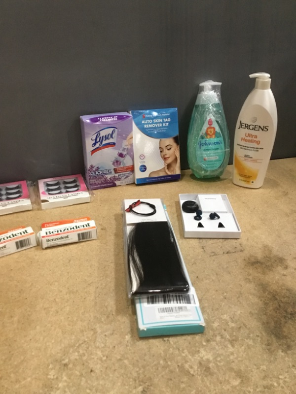 Photo 1 of ***NON-REFUNDABLE***
HEALTH AND BEAUTY 
2 BOXES OF EYELASHES, 2 BOXES OF BENZODENT, 22'' INCH HAIR EXTENTION,EAR PLUGS, LYSOL, CLICK GEL CLEANER,  SKIN TAG REMOVAL KIT, JOHNSON'S 2-IN-1 SHAMPOO, JERGEN'S LOTION