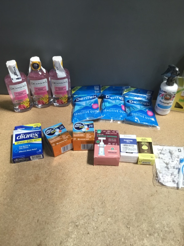 Photo 3 of ***NON-REFUNDABLE***
HEALTH BUNDLE (21 ITEMS)
SUN BUM, DIUREX, CASTOR OIL, NEOSPORIN,DULCOLAX, DROPS OF NATURE LIQUID IMMUNE DEFENSE, SMART SWAB,2 ALKA SELTZER, 3 DICKSON TONER BOTTLES, 3 DENTEK PICKS,  SO COZY KIDS DETANGLER, 2 BOXES OF DICKSONS CLEANSIN