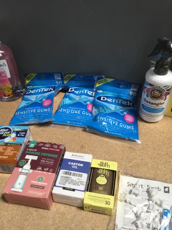 Photo 4 of ***NON-REFUNDABLE***
HEALTH BUNDLE (21 ITEMS)
SUN BUM, DIUREX, CASTOR OIL, NEOSPORIN,DULCOLAX, DROPS OF NATURE LIQUID IMMUNE DEFENSE, SMART SWAB,2 ALKA SELTZER, 3 DICKSON TONER BOTTLES, 3 DENTEK PICKS,  SO COZY KIDS DETANGLER, 2 BOXES OF DICKSONS CLEANSIN