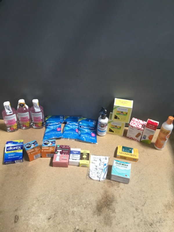 Photo 1 of ***NON-REFUNDABLE***
HEALTH BUNDLE (21 ITEMS)
SUN BUM, DIUREX, CASTOR OIL, NEOSPORIN,DULCOLAX, DROPS OF NATURE LIQUID IMMUNE DEFENSE, SMART SWAB,2 ALKA SELTZER, 3 DICKSON TONER BOTTLES, 3 DENTEK PICKS,  SO COZY KIDS DETANGLER, 2 BOXES OF DICKSONS CLEANSIN