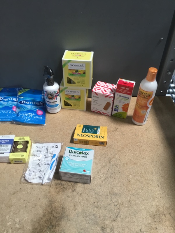 Photo 2 of ***NON-REFUNDABLE***
HEALTH BUNDLE (21 ITEMS)
SUN BUM, DIUREX, CASTOR OIL, NEOSPORIN,DULCOLAX, DROPS OF NATURE LIQUID IMMUNE DEFENSE, SMART SWAB,2 ALKA SELTZER, 3 DICKSON TONER BOTTLES, 3 DENTEK PICKS,  SO COZY KIDS DETANGLER, 2 BOXES OF DICKSONS CLEANSIN