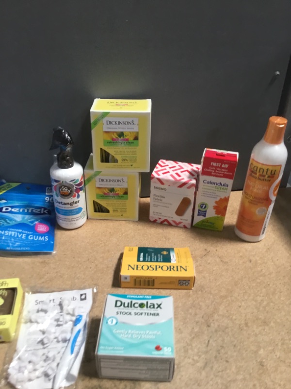 Photo 5 of ***NON-REFUNDABLE***
HEALTH BUNDLE (21 ITEMS)
SUN BUM, DIUREX, CASTOR OIL, NEOSPORIN,DULCOLAX, DROPS OF NATURE LIQUID IMMUNE DEFENSE, SMART SWAB,2 ALKA SELTZER, 3 DICKSON TONER BOTTLES, 3 DENTEK PICKS,  SO COZY KIDS DETANGLER, 2 BOXES OF DICKSONS CLEANSIN