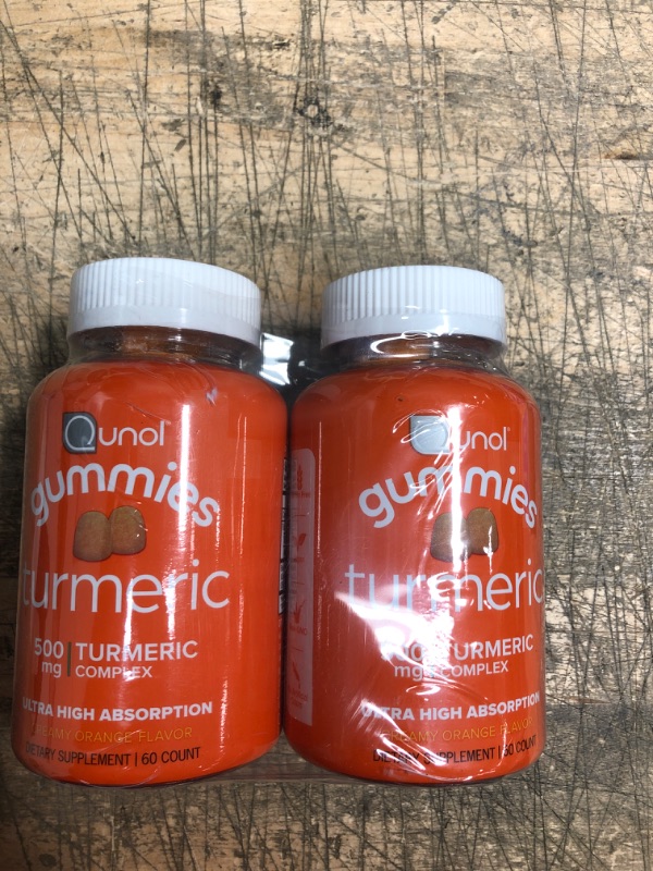 Photo 1 of 2 PCS BUNDLE - no refunds
BEST BUY DATE 10/2023-3/2024
Turmeric Gummies, Qunol Gummy with 500mg Turmeric Curcumin, Joint Support Supplement, Ultra High Absorption, Helps Support an Active Lifestyle, Vegan, Gluten Free, 2 Month Supply (60 Count, Pack of 2)