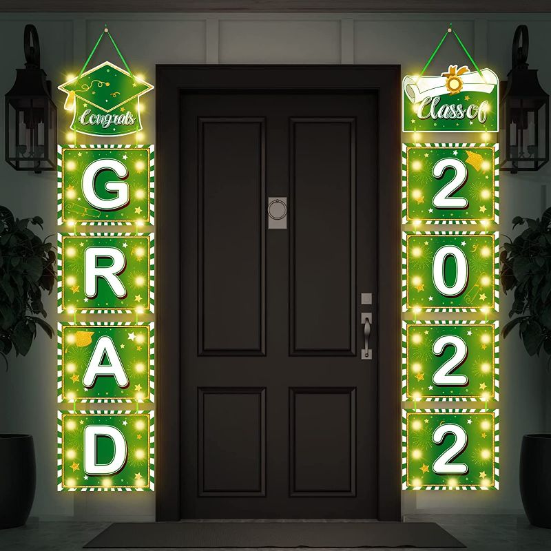 Photo 1 of ** SETS OF 2 **
Graduation Decoration Porch Sign Set Congrats Grad Class of 2022 Graduation Banner 2022 Graduation Door Sign with 2 Pcs String Lights Button Battery Operated for Photo Props Party (Green)
