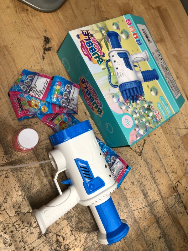 Photo 2 of Bubble Gun, LAMGUU Automatic Bubble Machine Gun for Toddlers with Led Light 1 Bottle Solution and 10 Packs Refill 5000+ Bubbles Per Minute 360° Bubbles Maker for Kids Summer Toys Birthday Gift (Blue)
