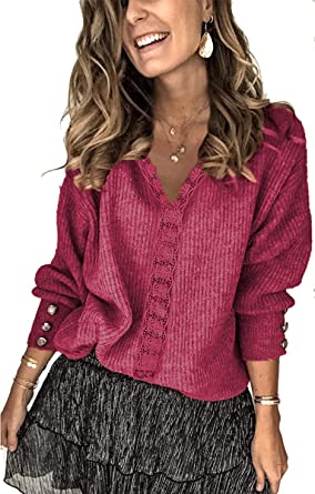 Photo 1 of Guteidee Women's Pullover Sweaters Knit V Neck Long Sleeve Button Tops for Spring, Autumn, Winter SMALL.
