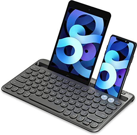 Photo 1 of Multi-Device Bluetooth Keyboard, Samsers Rechargeable Wireless Bluetooth 5.1 Keyboard with Integrated Stand, Support 2 Devices for Smartphone Tablet iPad Laptop MacBook PC iOS Android Windows - Black